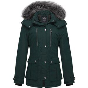 Women's Blackish Green Winter Coat Warm Puffer Jacket With Removable Hood